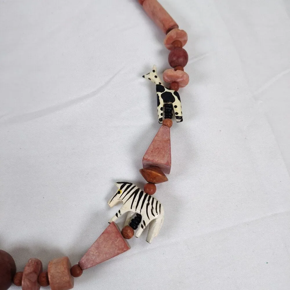 Vintage Carved Wood Chunky Necklace 26in Zebra Giraffe African Safari